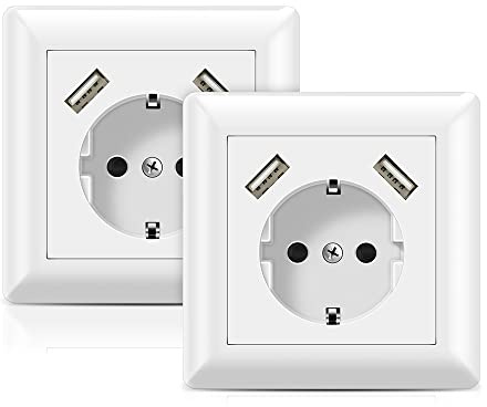 Kaifire USB Steckdose System 55 Reinweiß, Schutzkontakt Steckdose mit 2 USB Anschlüsse 3.4A Unterputz Schuko Wandsteckdose Passt in Standard Unterputzdose Laden Smartphone Tablet MP3 (2 Stück)