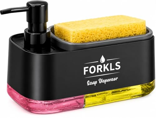 FORKLS Kitchen Soap Dispenser Set with Sponge Holder, Dual Hand & Dish Soap Pump Dispenser, 3-in-1 Kitchen Sink Organizer for Countertop, Kitchen Gadget Accessories – Black