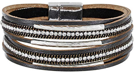 StarAppeal Armband Lederarmband mit Strass, Ketten und Schmuckelementen, Magnetverschluss Silber, Damen Armband (Schwarz)