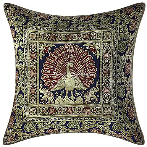 Stylo Culture Ethnico Fundas Almohadones Decorativa 40x40 cm Brocado De Seda Pavo Real Fundas De Cojines Sofa Azul Marino 16x16 Inch Jacquard Cuadrado Cremallera Fundas para Cojines De Cama - 1 Pc