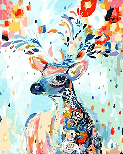 YEESAM ART DIY Ölgemälde Malen Nach Zahlen für Erwachsene und Kinder - Hirsch Mit Blumen Zahlenmalerei Ab 5 - Öl Wandkunst (Ohne Rahmen)