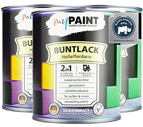 myPaint 2in1 Buntlack Seidenmatt (2,25L Hellelfenbein/Beige RAL 1015) – Wetterfeste Holzfarbe Holzlack Küchenmöbellack. Getrocknet auch für Kinderspielzeug. Schnelltrocknend, Innen Außen