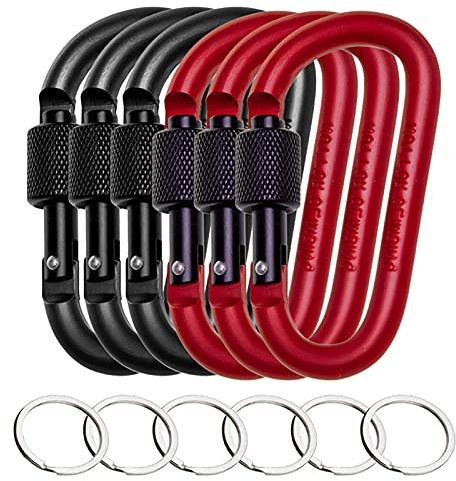 6Pcs D-Ring Locking Carabiner Clips, 3 inch Aluminum Alloy Carabiner Clip Heavy Duty, Keychain Clips Hook with 6 Key Rings for Camping, Hiking, Fishing, Traveling, Keychain