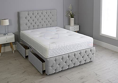 Linen Fabric Chesterfield Ibex Divan Bed Set with 1000 Pocket Silk Top Memory Sprung Mattress and Matching Footboard (Silver, 3FT - 2 Drawers Left Hand Side Facing)