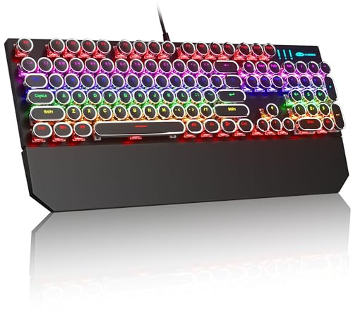 MageGee Typewriter Mechanical Gaming Keyboard, Retro Black Punk Round Keycaps RGB Rainbow Backlit Wired Keyboards for Laptop MAC PC Gamer, with Magnetic Wrist Rest - Blue Switch