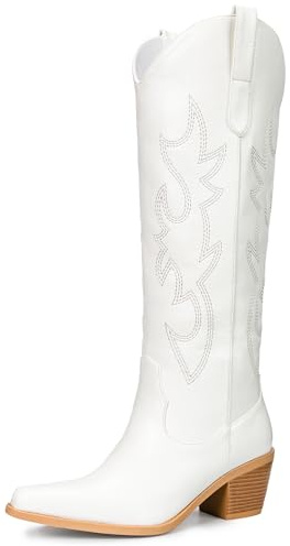Pasuot Western Cowboy Boots for Women - Knee High Wide Calf Cowgirl Boots, Slip On Pointed Toe Chunky Heel Fashion Retro Classic Pull On Tall Boot for ladies Party concert White US 7