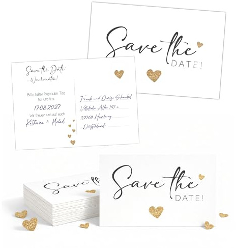 Kackspecht Eure Reise beginnt: Save the Date Karten Set (50 Stk) – Hochwertiges 300g Cremepapier in Postkarten-Format – Elegante Hochzeitskarten für den magischen ersten Schritt – Matt & Edel