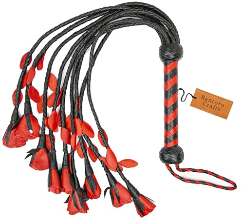 Bantoro Crafts Echtes Leder Geflochtener Flogger Peitsche Cosplay Cat-O’-Nine-Tails mit Rosenenden Kostüm BDSM Quasten Peitschen Kinky Bondage BDSM
