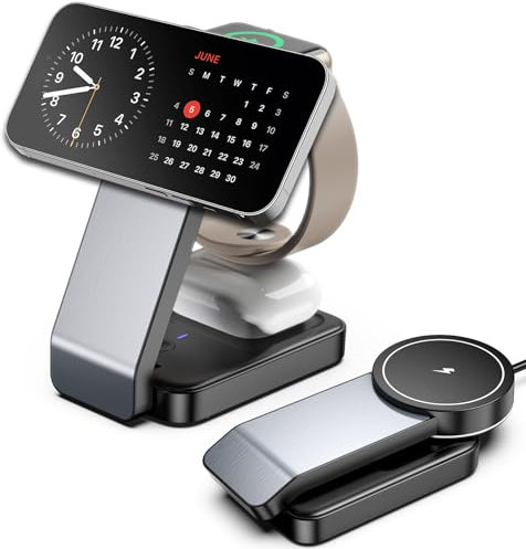 Caricatore a induzione per iPhone, caricatore magnetico 3 in 1 Apple per iPhone 15 14 13 Pro Max, caricatore wireless per iwatch 9 Ultra 8, Wireless Charger for Airpods Pro 3/2 with Light