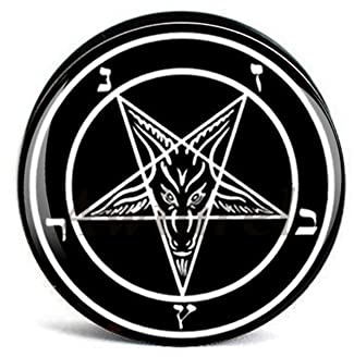 BlackAmazement Flesh Tunnel Plug Inlay Piercing Kunststoff Pentagramm Fünfstern Drudenfuß Church of Satan Luzifer Siegel des Baphomet 06-16mm schwarz Herren Damen Punk Damen Herren