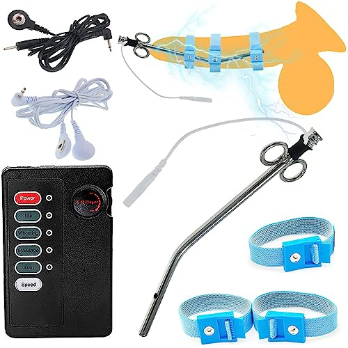 ScreaAss 2 in 1 Eletric Schock Harnröhren Dilatatoren Mit 3 Elektrischen Stimulation Penisring, 153 Mm Langer Edelstahl Hohler Penisplug E-Stim Reizstrom-Geräte Sex Spielzeug Für Männer,B,Set