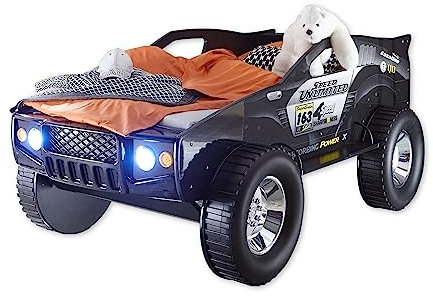 JEEP Autobett mit LED-Beleuchtung 90 x 200 cm - Aufregendes & hohes SUV Auto Kinderbett für kleine Rennfahrer in Schwarz - 127 x 96 x 219 cm (B/H/T)