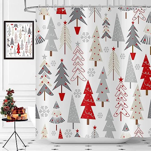 Hnmdmyi Cortina de Ducha Navidad 180x180, Rojo Gris Beige Árboles de Navidad Estrellas Copo de Nieve de Invierno Feliz Año Nuevo Holiday Cortina de Baño Tela Impermeable Lavable Cortina de Baño