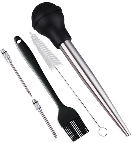 Smithcraft Turkey Baster, Stainless Steel Turkey Baster, Baster Syringe Meat Injector Baster Set with 2 Needles&2 Cleaning Basting Brush, Baster for Flavor Meat Poultry, Beef&Chicken Cooking Black
