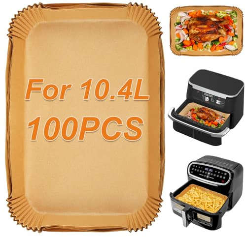 BYKITCHEN Airfryer Backpapier für Ninja AF500EU 10,4L, 100 Stück | Heißluftfritteuse Backpapier Für Ninja Foodi Flex Drawer Dual Zone, auch für Cecotec Dual 9000 9L genannt, Airfryer Zubehör