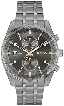 BOSS Montre Chronographe à Quartz pour Homme Collection SKYTRAVELLER avec Bracelet en Cuir ou Acier Inoxydable, Grey