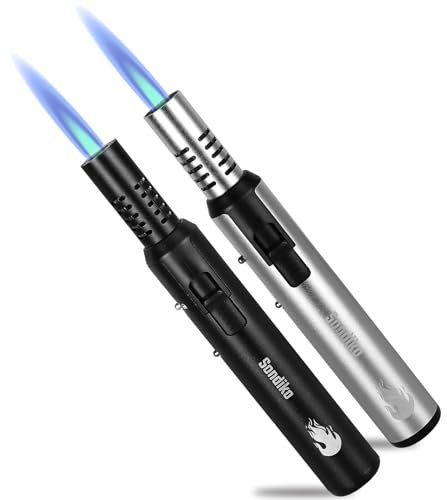 Sondiko Jetflamme Feuerzeug 2 Stücke, Stabfeuerzeug Gas Nachfüllbar, Metall-Sturmfeuerzeug mit Sicherheitssperre & Einstellbare Flamme, Flambierbrenner für die Küche, Kerzen, Camping(Schwarz, Silber)