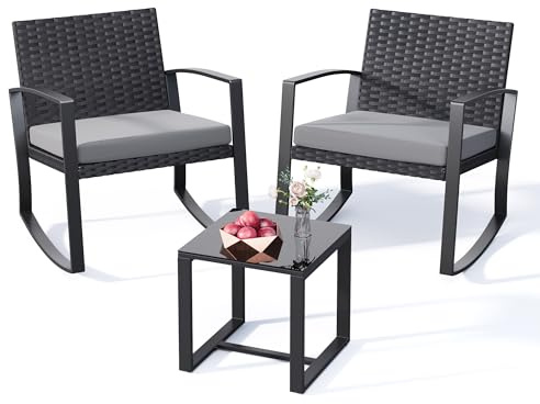 Xbro Conjunto de Bistró para Patio, 3 Piezas, Juego de 2 Sillas Mecedoras de Ratán con Mesa de Jardín, Muebles de Exterior para Terraza, Balcón y Porche