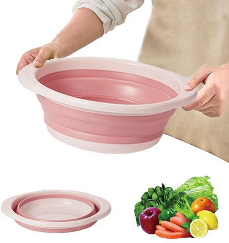 Collapsible Washing Up Bowl, Portable Folding Hand Wash Basin, Multipurpose Outdoor Travel Basin, Washing Up Bowl, Silicone Bowl Tub for Travel Camping Caravans Baby & Adult Wash (Pink White, Large)