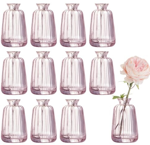 12 Stück Kleine Vasen für Tischdeko, 11× 6,5cm Blumenvasen Klein Glasvasen für Hochzeit Tischdeko, Rosa