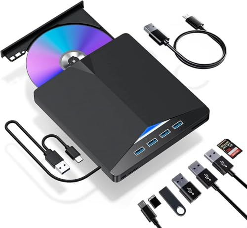 VAIYI Unidad externa de CD/DVD para laptop, reproductor de DVD para laptop, 7 en 1 USB 3.0 ultradelgada, portátil, grabadora de CD, unidad de disco externa óptica compatible con Mac de escritorio