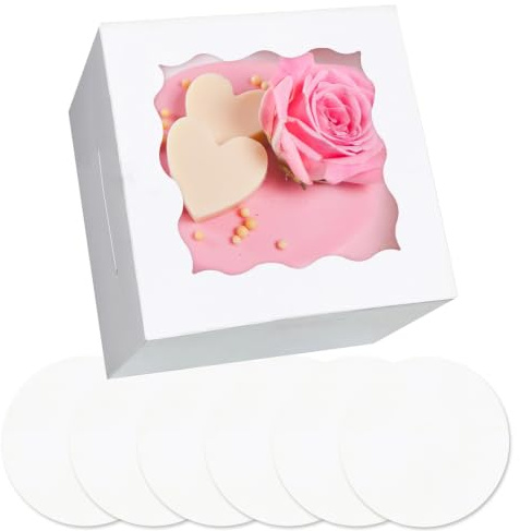 Gcardist 6x6x5 Inch Cake Box, 5 Sets White Cake Box with Window ＆ 5 Sets 6 Inch White Cake Round Boards, Cake Containers(15.24x15.24x13cm)