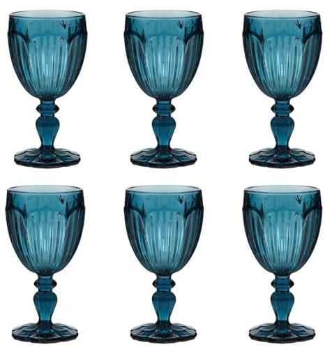 Wine Glass Set of 6 Embossed Wine Goblets with Sapphire Blue Finish 280ml | Dishwasher Safe, 280ml, Embossed Design, Blue Glass, Wine Glasses, Tableware, Embossed Glassware, Vintage Style