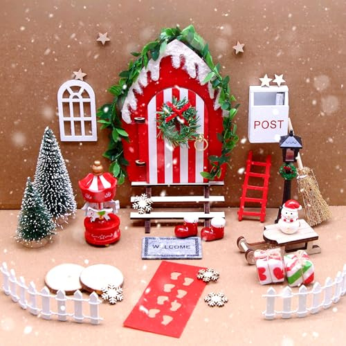 CaiTang 30 Pezzi Porta Elfo Natale Kit, Casetta Elfo di Natale Decorazioni, Porta Elfo Natalizio Legno, Set di Decorazioni Natalizie in Miniatura, Porta Gnomo Set, Kit Fai da te Mini Porta Dell'elfo
