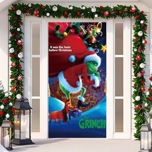 JClorix Cubierta de Puerta de Navidad, Papá Noel y Reno Adornos Navidad Exterior, Decoración Navideña Exterior e Interior, Adornos Navideños Colgantes para Hogar, Tela de Cortina para Fiesta y Navidad