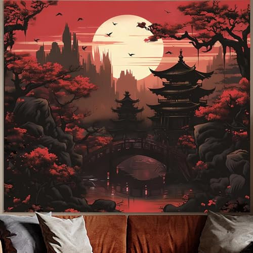 FENDROM Black Red Japanese Anime Tapestry for Bedroom Aesthetic, Sunset Forest Wall Art Decor Tapestries Wall Hanging, Dark Nature Landscape Mountain Backdrop for Living Room Dorm