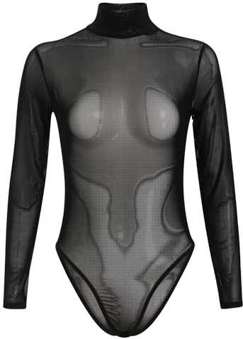 ABEHIK Durchsichtiges Oberteil Damen Sexy Rave Body f�r Musikfestival Hochgeschlossener Disco Party Outfit Pole Dance Nezt Blusebody T-Shirt schwarz XL