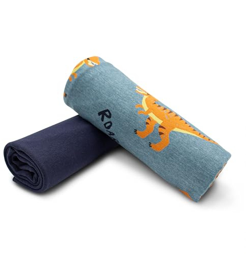 Stoffpaket 0,5m Jersey + 0,5m Bündchenstoff zum Nähen von Kinderkleidung Kinderstoff Jerseystoff (Dinosaurier Rauchblau + Navy Set41)