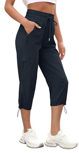 StylSense Caprihose Damen Sommer Casual Dreiviertel Hose Atmungsaktiv Outdoor Jogginghose Wanderhose 3/4 Stretch Leichte Sommerhose mit Taschen（ Marineblau,M