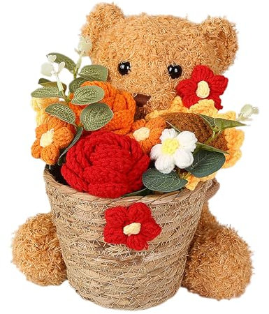 Bouquet de Flores de Crochet, Oso de Peluche de Peluche de Palo de San Valentín con Ramo de Flores de Color Rosa Rosa, Lindo Ramo de Flores de Oso de Felpa con Regalos de Canasta