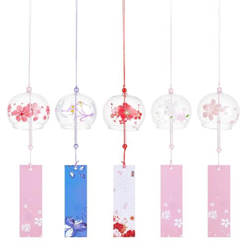 OLYCRAFT 5 campanillas de viento japonesas de 5 estilos, diseño de flor de cerezo, hechas a mano, campanas de viento de cristal, colgantes creativos para el hogar, jardín, boda, decoración interior y