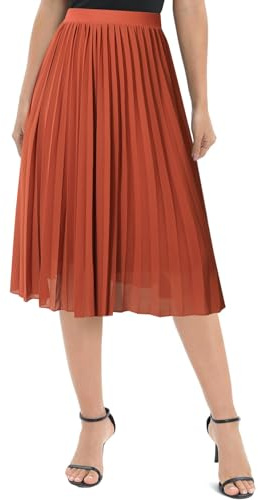 Genfien Donna Chiffon Elastico Vita Linea A Pieghettato Midi Gonna con Fodera