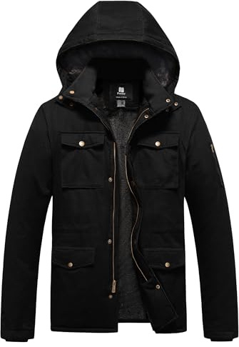 Pursky Mens Winter Jacket Cotton Cargo Coats Men's Fleece Lined Parka Thicken Military Style Warm Jacket with Removable Hood Black 4XL