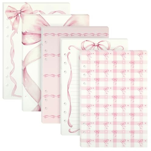 100 Sheets Pink Bow A5 Refills Paper for Planner Inserts Binder, Thick 6 Hole Notebook Refill, 120GSM Filler Loose Leaf Paper for A5 6 Ring Binder Travel Journal Diary Budget Graduation, Lined & Blank