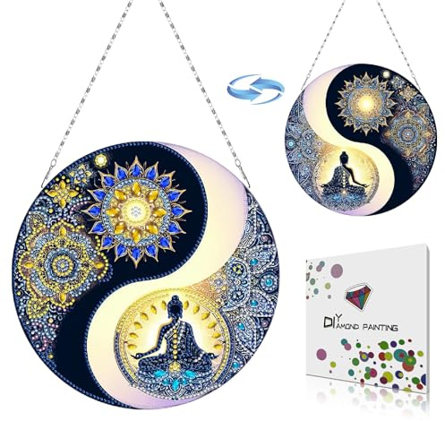 CXINLky DIY Diamond Art Painting Anhänger mit Kette, Diamand Art Yin Yang Fensterbilder Wandbehang Kits für Fenster Wand Eingang Garten Decor Doppelseitiges Muster-02-Mandala