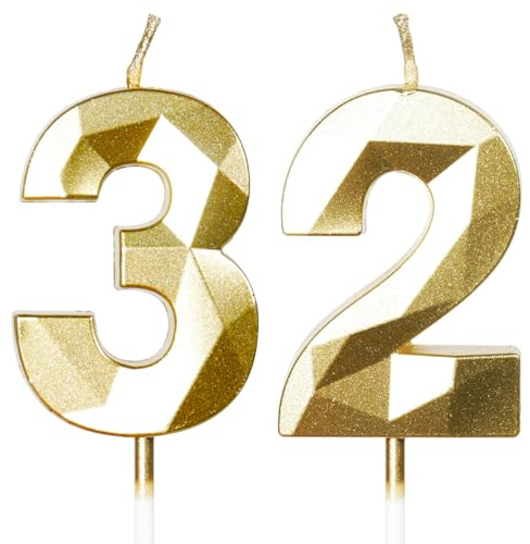 Yiran Velas de Cumpleaños 32 Años Dorado, Decoraciones para Hombres y Mujeres, Número 32 3D para Tarta, Topper de Vela Dorado, Suministros para Fiestas, Bodas y Aniversarios