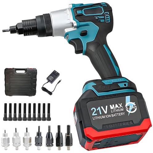 CIELOBLOEN Remachadora inalámbrica portátil y Remachadora de Tuercas, Remachadora eléctrica con batería de 21 V para un Montaje rápido de Tuercas M3, M4, M5, M6, M8, M10 y M12 en Acero.