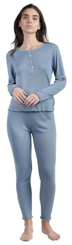 ADMAS Pijama Mujer Invierno Poliéster, Algodón – Pijama de Mujer Canalé Soft de Manga Larga con Tapeta y Pantalón Largo, Puntilla y Cinturilla Ajustable, Azul, Talla S