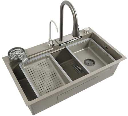 Fregadero de cocina de acero inoxidable rectangular 3 en 1, grifo extraíble, cascada, 80 x 45 cm, multifuncional, de acero inoxidable, fregadero de cocina empotrable con escurreplatos, tabla de cortar