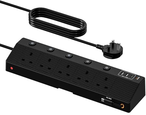 STGAROT Socket Extension Lead PD 30W Fast Charging USB Slots 1.8M Black | 5 Way Extension Cable with Individual Switches, Retractable USB C Cable 5 USB Ports, Surge Protected Extension Lead