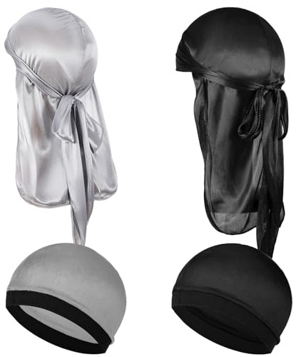 Wanmu 4Pcs Kids Silky Durag with Wave Caps Set, Silky Satin Durag Extra Long Tails, Long Tail and Wide Strap Headwraps, Wide Straps Waves (Silver)