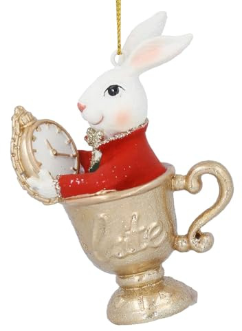 Christmas Decoration, Novelty Christmas Bauble, White Rabbit In Tea Cup with Clock Hanging Xmas Tree Bauble, Fairytale Character Xmas Decoration, Bunny Rabbit Fun Easter Ornament