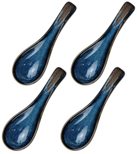 4Japanische Blaue Suppenlöffel Keramik, Asiatische Suppenlöffel Ramen Löffel, Gebogene Löffel für Ramen,Retro Porzellan,Ideal für Küche und Restaurant, 4-teiliges Set