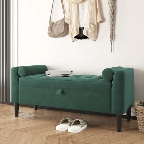 118cm Storage Ottoman Footstool – Upholstered Shoe Bench with Rolled Arms & Solid Wood Legs, the Stool at the Foot of Bed ,Space-Saving Seat for Hallway, Bedroom, Dressing Room & Living Room(Green)