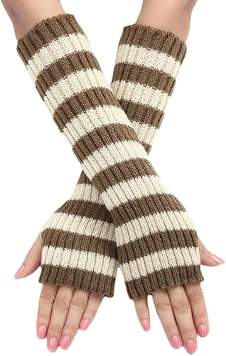 IHLOOTD Armstulpen Gestreift Y2K Handstulpen Damen Stricken Stulpen Damen Arm Punk Gothic Lange Fingerlose Arm Warmers Pulswärmer für Winter Karneval