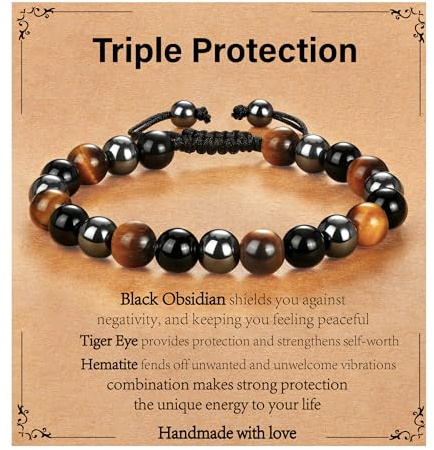 ESPVO Father Day Beaded Bracelet Gifts for Men, Tiger Eye Black Obsidian Hematite Bracelets Christmas Birthday Anniversary Healing Sobriety Jewelry Presents for Husband Dad Boyfriend Brother Him